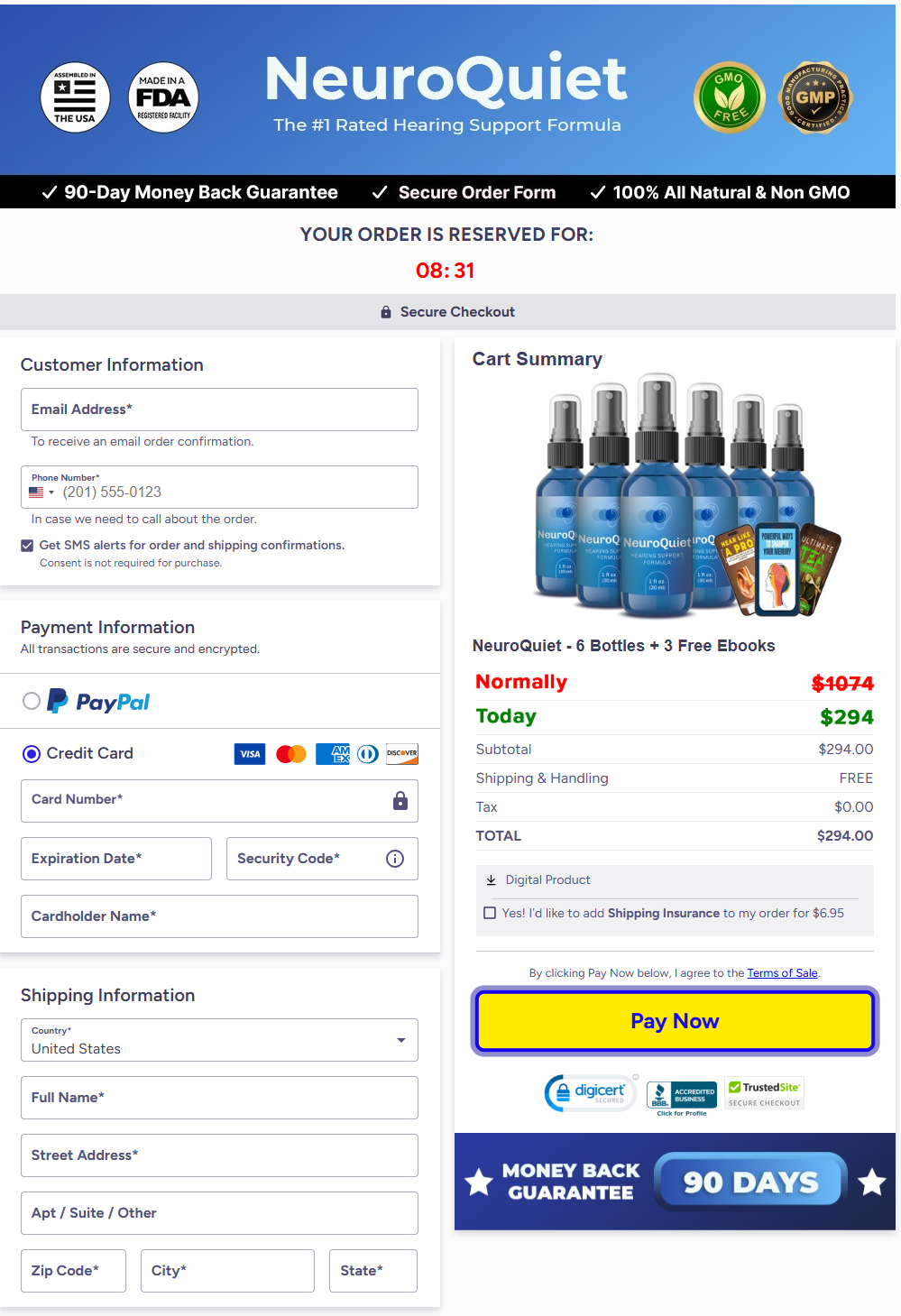 NeuroQuiet Secure Order Checkout